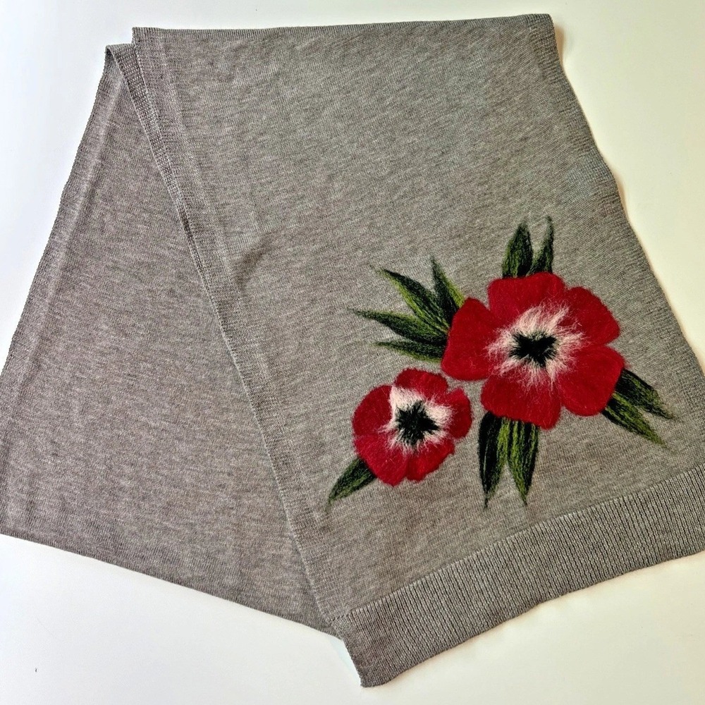 J. Jill Knit‎ Scarf Womens OS Gray Floral Poppy Embroidered Wool Blend Boho Cozy